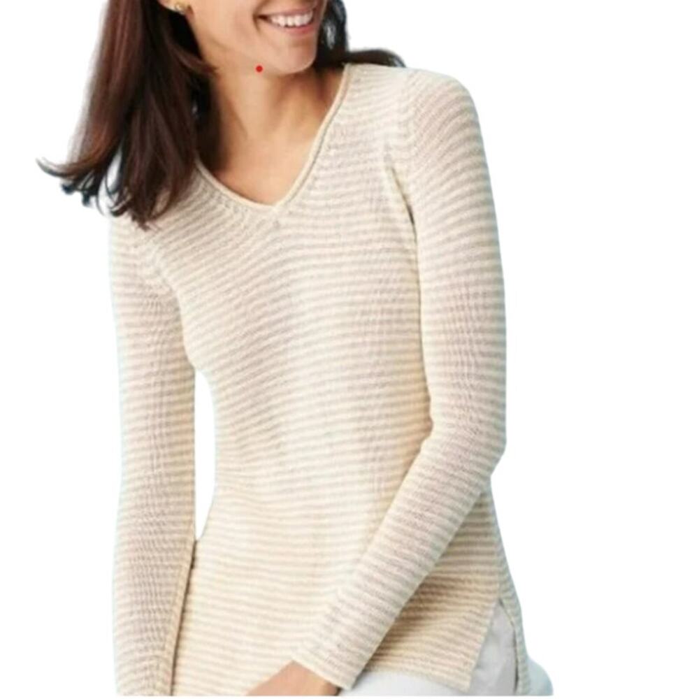 J. Mclaughlin Sweater Beige Striped Cotton Blend Pullover Knitwear V Neck Medium